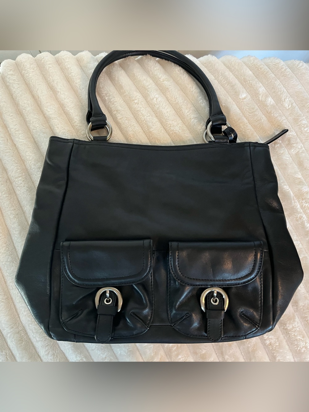 Classic Black Women's Shoulder Bag with Front Buckle Pockets by Giani Bernini